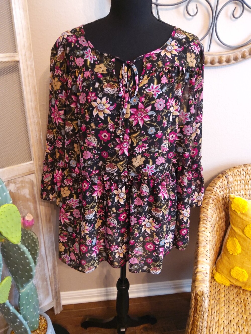 Ava James Floral Tie-Front Peplum Tunic in Black with Pink & Cream Accents